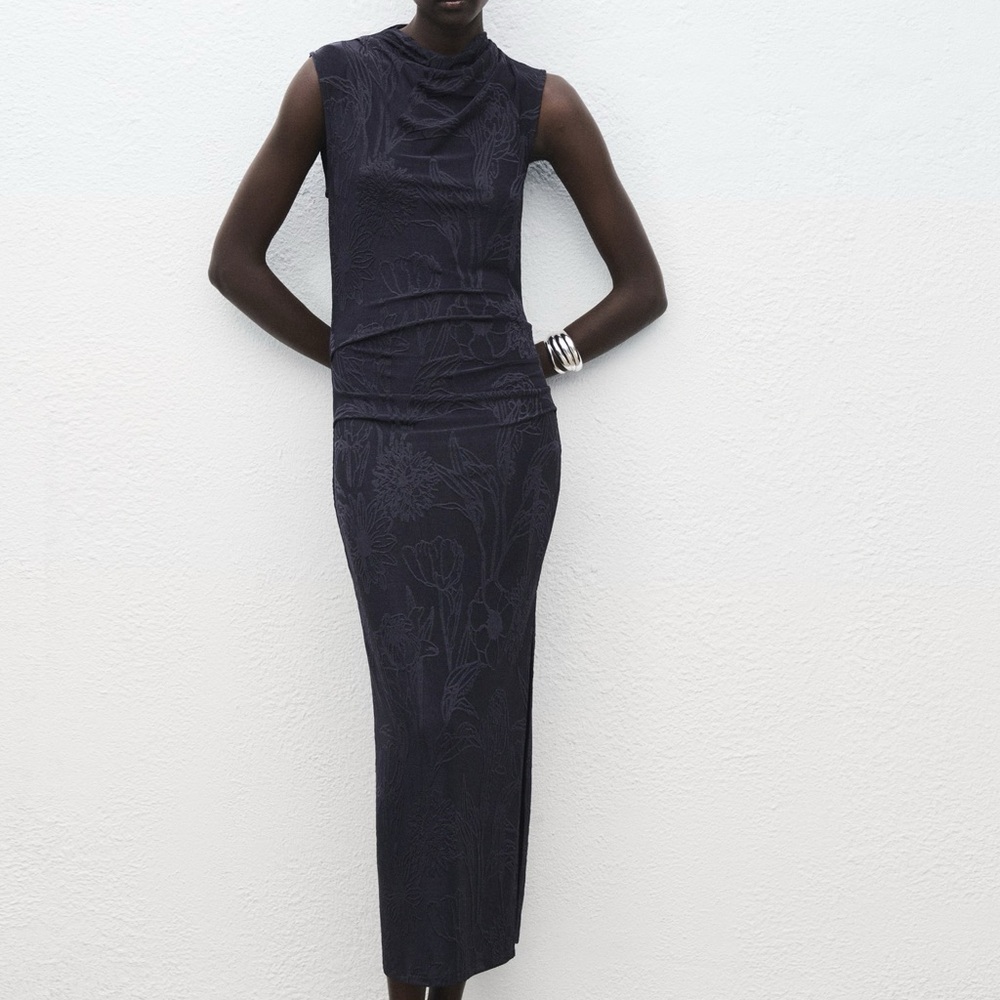 MANGO EMBROIDERED DRESS WITH DRAPED COLLAR SIZE 2
